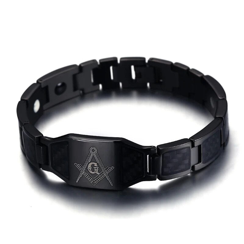 Free Custom Man Bracelet, Black Stainless Steel Mens Bracelet with Carbon Fiber Inlay Masonic Logo Fashion Jewelry