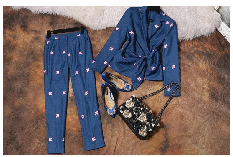 See Orange Slim Woman's Suit Spring Flowers Embroidery Business Pants Suits Formal Lady Office Sets SO6666