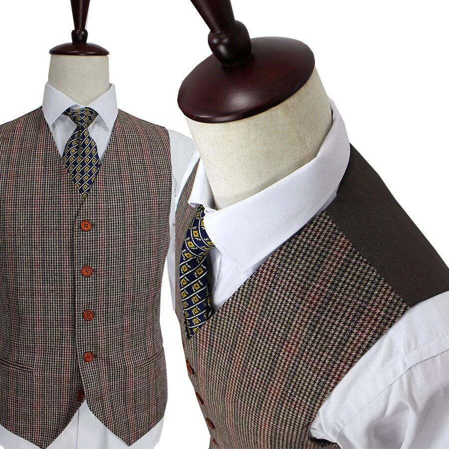 Wool Brown Classic Tweed custom made slim fit mens 3 piece suits gentleman style tailor wedding party dresses suits for men - KAISERINC
