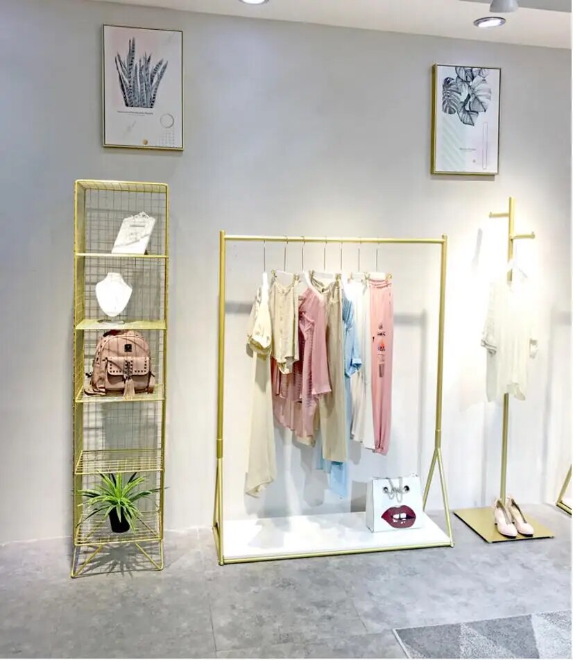 Clothing store display rack gold clothing rack women's clothing store shelf floor hangers do not drop paint shop design