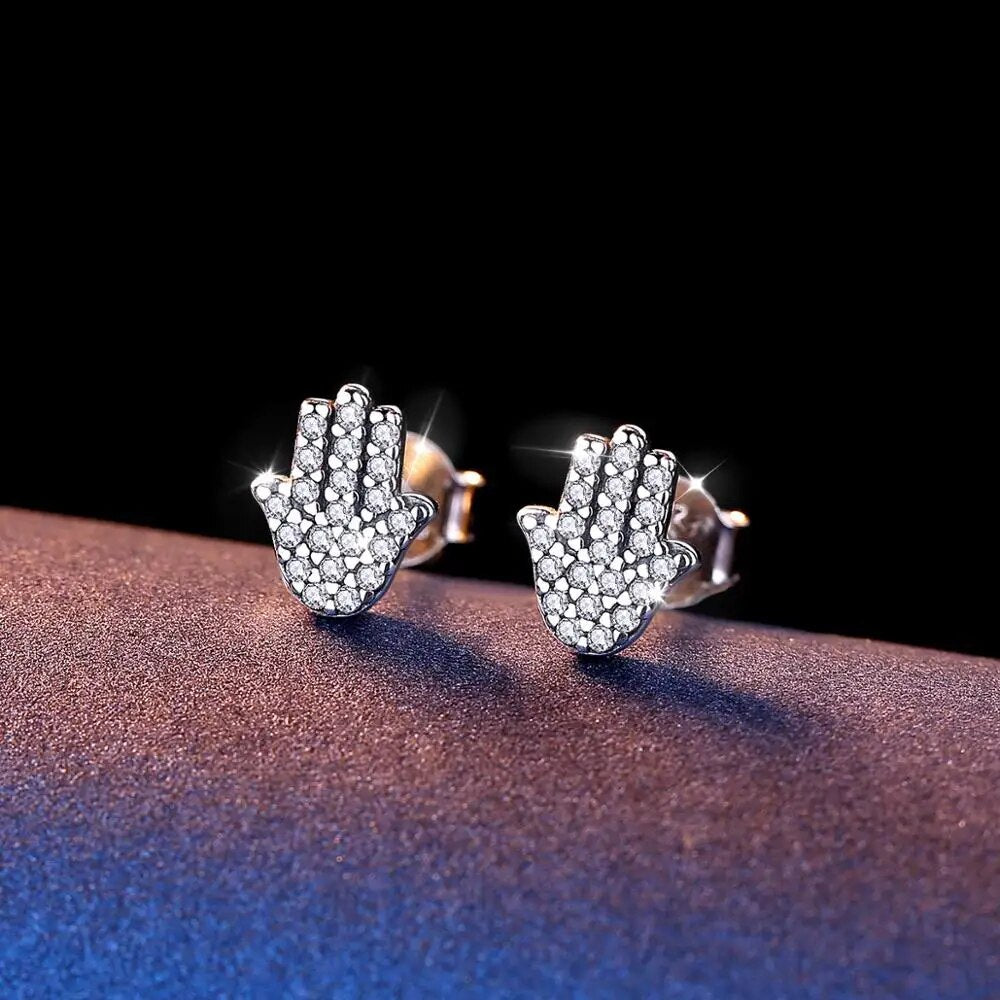 Eudora 925 Sterling Silver Hamsa Hand Earring Silver Hand Ear Stud with Clear Cubic Zirconia Earrings Jewelry for Lover CYE104