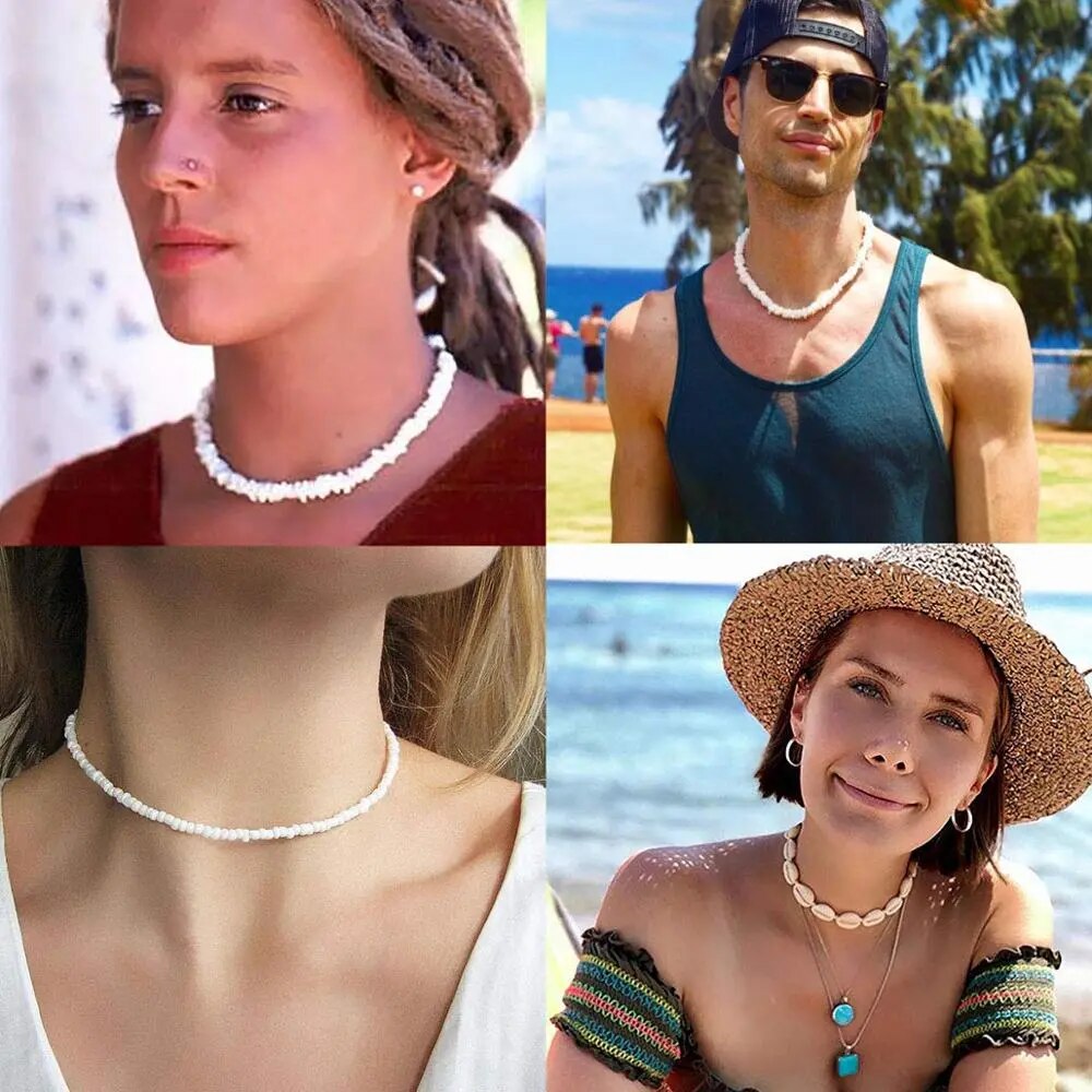 Bohemian Hawaii Puka White Clam Chips Shell Necklace Irregular Chips Seashell Choker Necklace Summer Beach Statement Jewelry