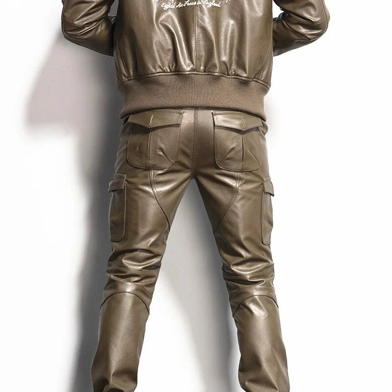 Men's Leather Pant Slim Leather Skinny Biker Pants Motorcycle Punk Rock Pants Slick Smooth Shiny Pencil Pants TJ07