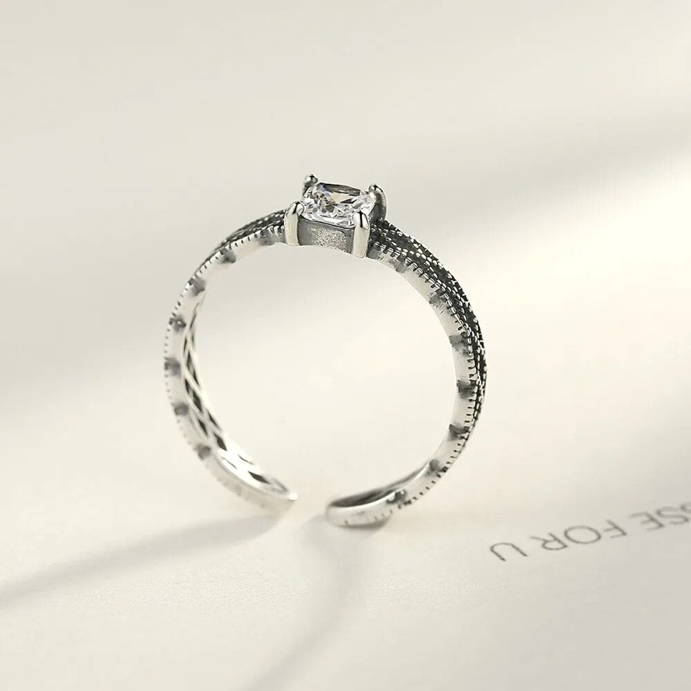 CZCITY Rhombic Design 925 Sterling Silver Adjustable Rings For Women Charming Clear Zircon Silver Bague Femme De Marque De Luxe