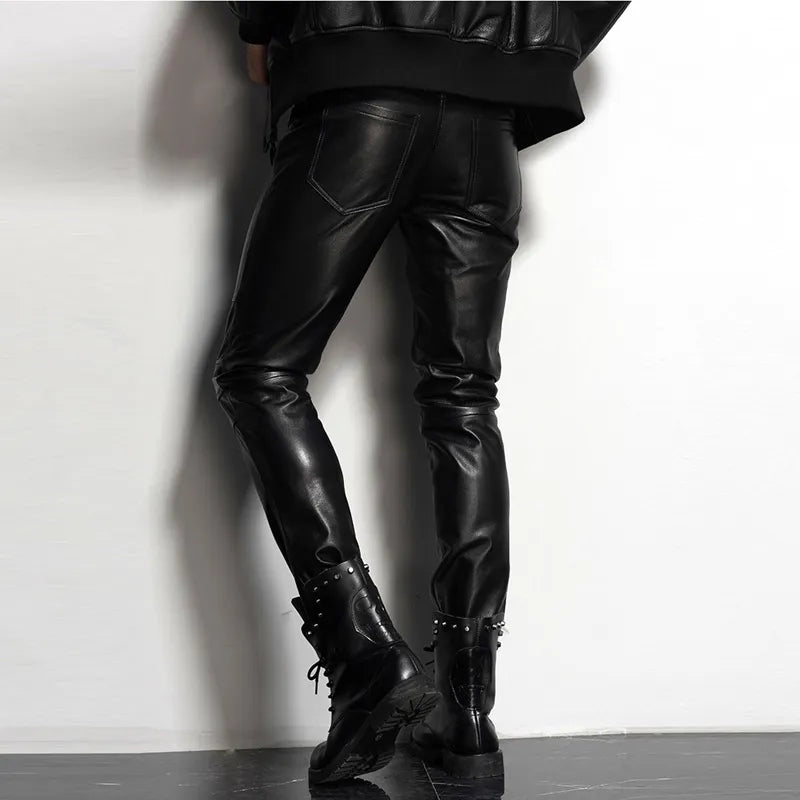Men's Leather Pant Slim Leather Skinny Biker Pants Motorcycle  Punk Rock Pants Tight Leather Pant Simple soft TJ09