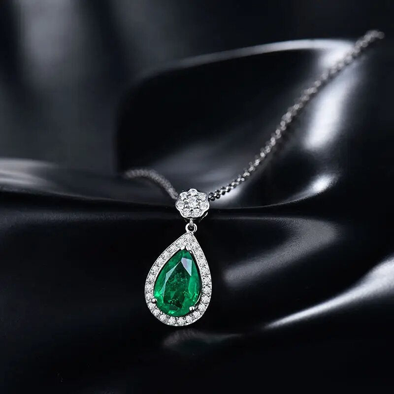 LANMI Luxury Custom Fine Jewelry in Solid 18K/AU750 White Gold Pear Shape Natural Emerald Diamonds Promised Pendant Necklace
