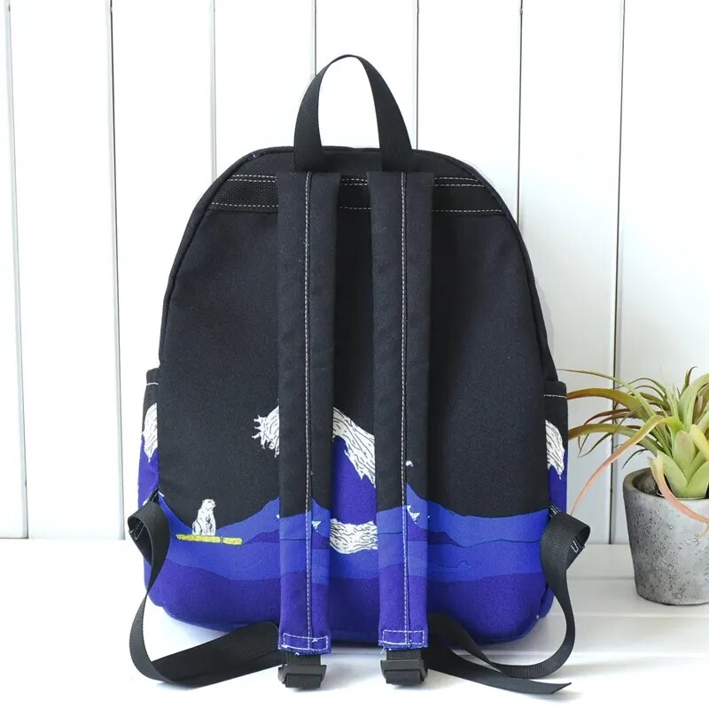 Moon Wood Women Backpack Black Blue Travel Bag Print Sea Moon Casual Canvas Backpack School Bags For Teenager Girls Sac