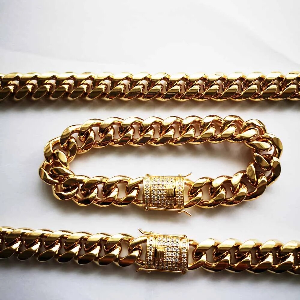 12mm Stainless Steel Luxury CZ Miami Cuban Chain Male Jewelery set Hip Hop Men Curb Rhinestone Clasp Link Necklace Bracelets