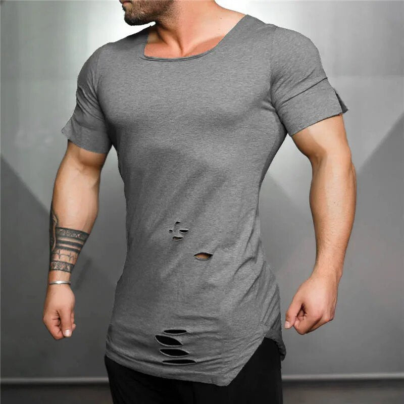 Muscleguys Brand 2023 New Fashion Solid Ripped T Shirt Mens Hip Hop Extend T Shirt Men Destroy Hole Cotton Fitness T shirt Homme