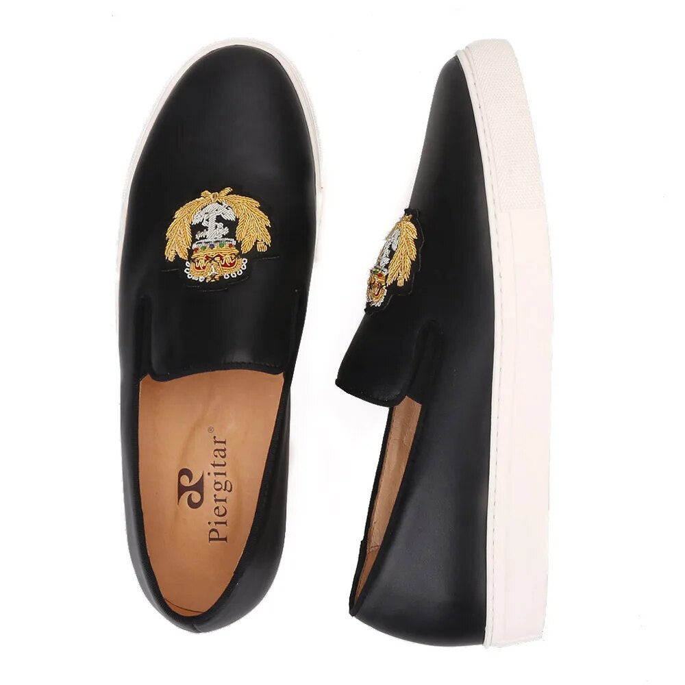 Piergitar 2022 New Four Colors Genuine Leather Men Sneakers Handcrafted Indian Silk Embroidery Men's Casual Shoes White Bottom
