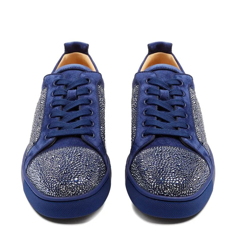 Fashion Blue Black Suede Leather Men Casual Shoes Rhinestone Sneakers Low Top Lace Up Flats Runway Chaussures Hommes