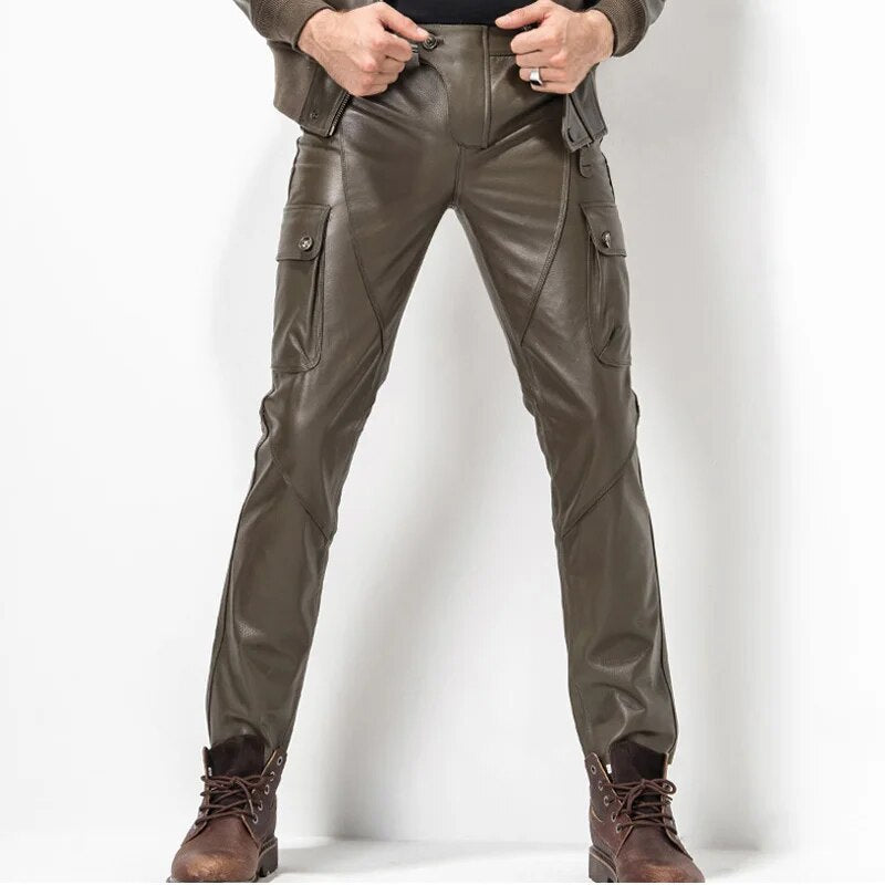 Men's Leather Pant Biker Pants Motorcycle Punk Rock Pants man's classic pocket leather pants leather trousers leatherpants  TJ06