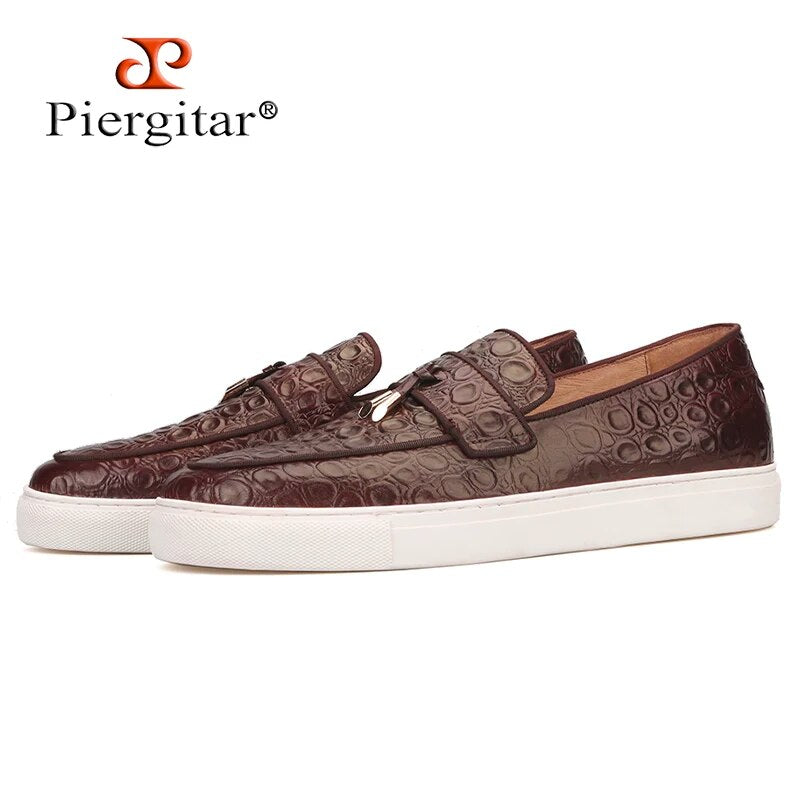 Piergitar 2019 brown colors Genuine Leather Men sneakers with tassel Handcrafted Sporty style men's casual shoes white outsole