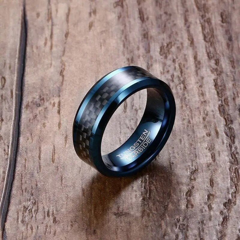 Vnox Blue Tungsten Rings for Men Wedding Bands 8mm Men's Carbon Fiber Tungsten Carbide Men Ring Jewelry