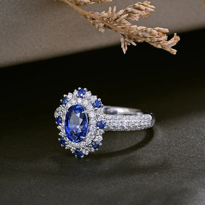 CaiMao 1.57ct Natural Sapphire Ring with Halo Diamonds 18kt White Gold Engagement Wedding Jewelry