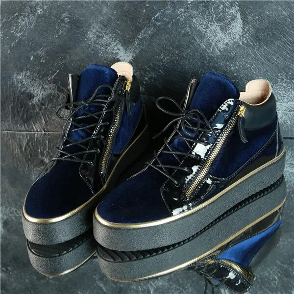 SHOOEGLE Fashion Men Sneakers Patchwork High -Top Gold Zipper Casual Shoes Flats Lace Up Trainers Ankle Boots Men Size 38-46
