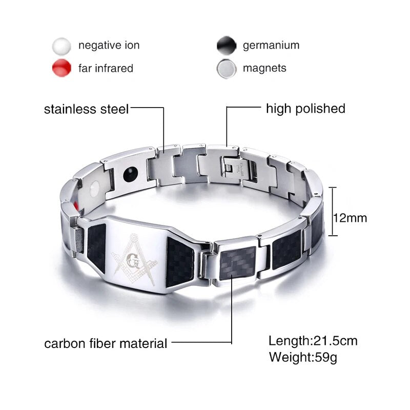 Free Custom Man Bracelet, Black Stainless Steel Mens Bracelet with Carbon Fiber Inlay Masonic Logo Fashion Jewelry