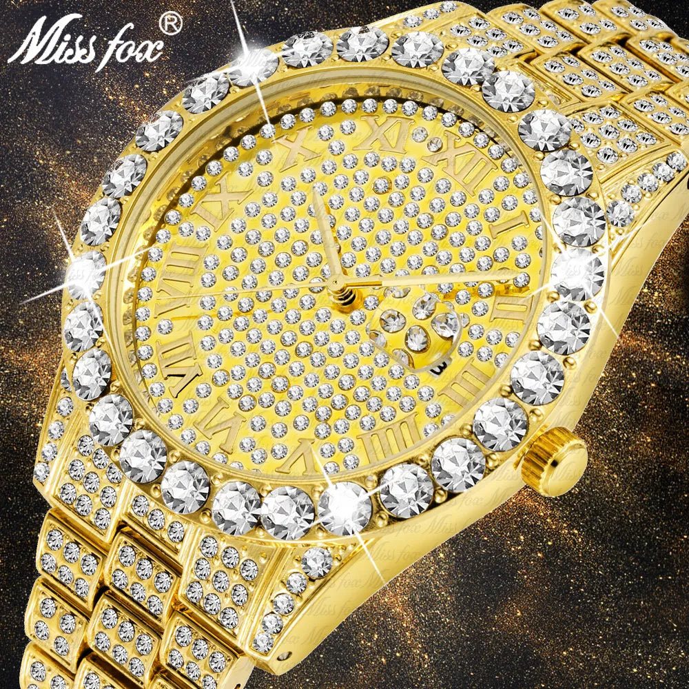 MISSFOX Men's Watch 2020 Top Selling Luxury Brand Gold Men Fashion Watches Men Big Diamond Bracelet Luxury Watch Men Gift Box