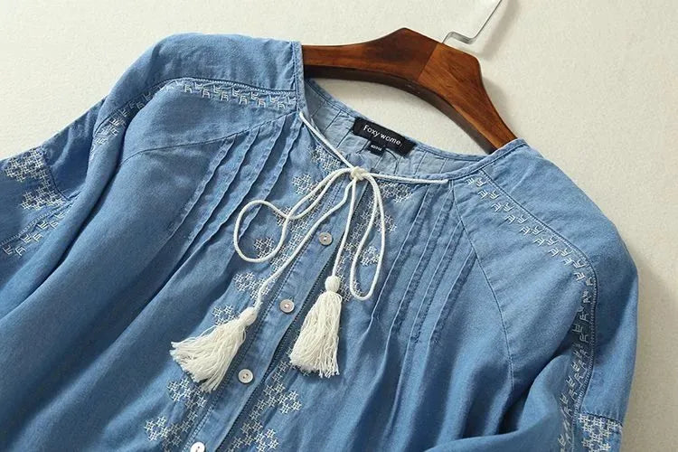 Ethnic Embroidery Denim Dresses Women Wrist Sleeve O-Neck Casual Shirt Dress Spring 2021 Vestido Jeans Feminino
