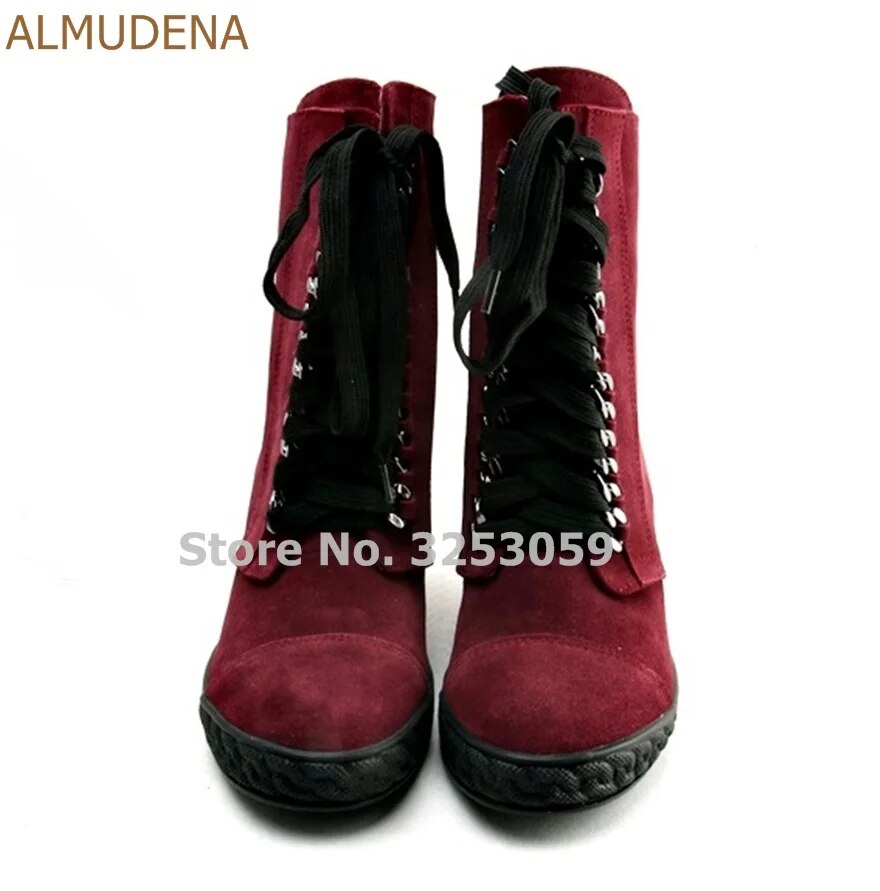 ALMUDENA Women Real Leather Burgundy White Black Chain Sneakers Lace-up Nice Shoes Wedge Height Increasing Ankle Boots