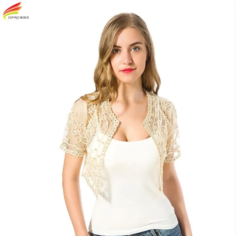 Women Basic Coat 2023 Summer Style Women Perspective Shawl Fashion Hollow Out Lace Boleros Short Sleeve Coats Jackets Female - KAISERINC