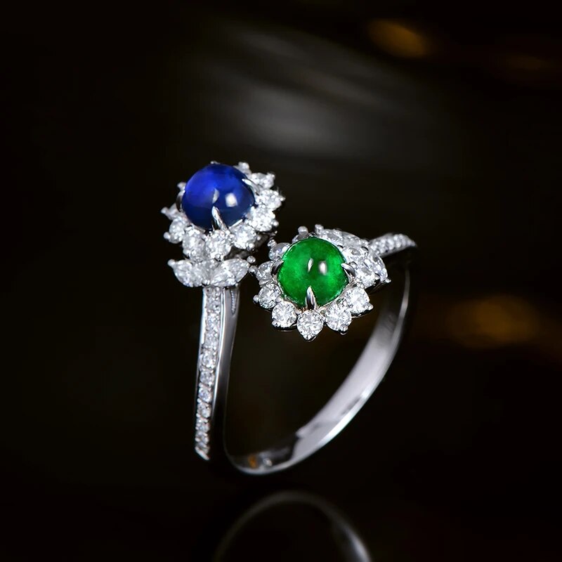 CAIMAO Natural Cabochon Cut Emerald and Sapphire Halo H SI Brilliant Diamonds Engagement Wedding Ring for Annivesary Finegems