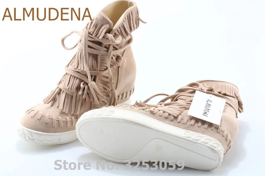 ALMUDENA Beige Red Blue Suede Fringe Sneakers Wedge Heel Height Increasing High Top Lace-up Casual Shoes Tassel Leisure Boots