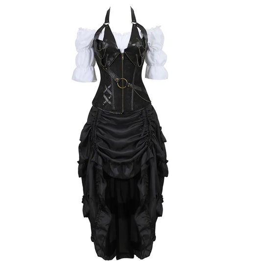 bustiers corset skirt three-piece leather dress corset steampunk  pirate lingerie corsetto irregular burlesque plus size black