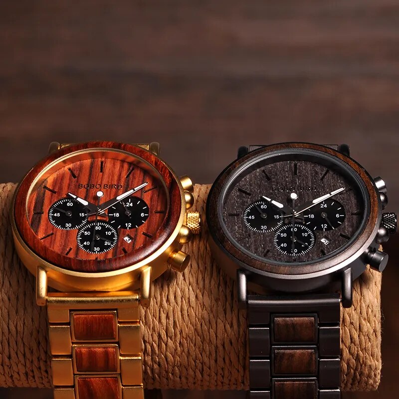 BOBO BIRD Gold Watch Men Luxury Brand Wooden Wristwatches Male Date Display Stop Watches reloj golden hour