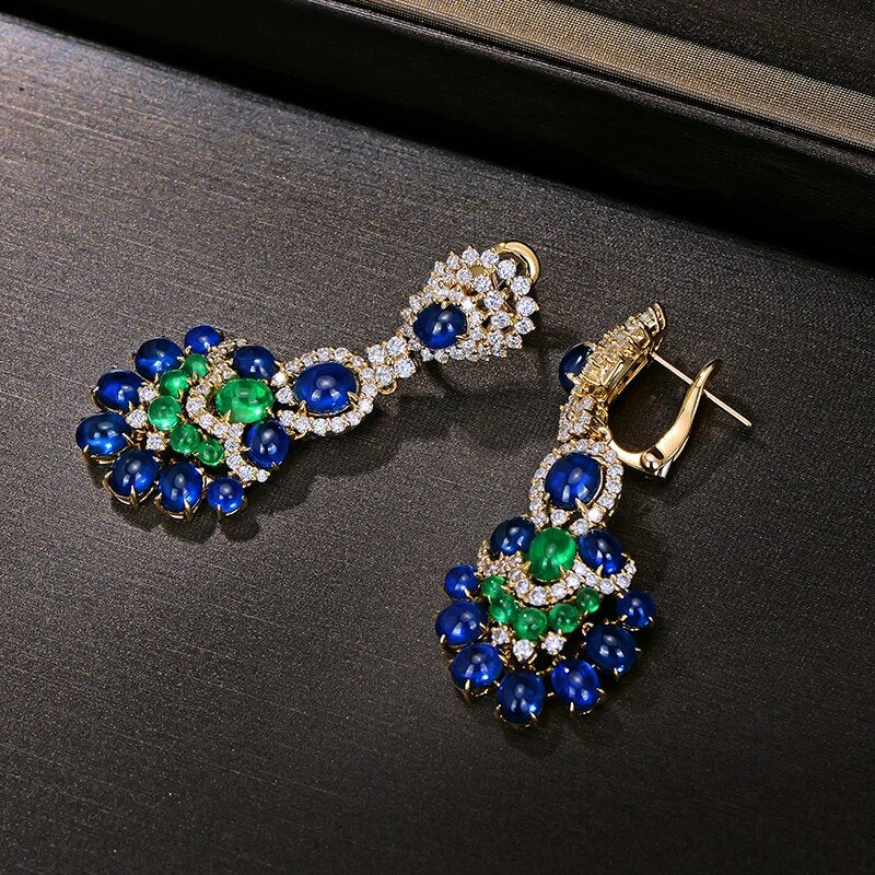 CaiMao Gorgeous Natural 14.29ctw Blue Sapphires Emeralds and Diamonds Earrings 18kt Yellow Gold Retro English Lock For Women