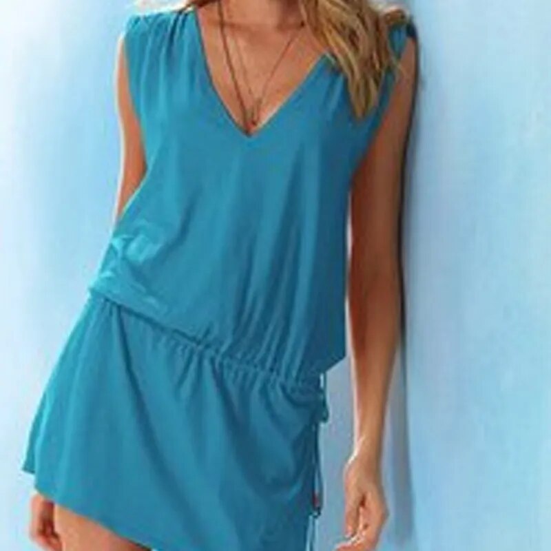 summer beach dress women clothing high stretch sleeveless sexy v neck dresses soft cotton elastic waist dress vestidos blue red - KAISERINC
