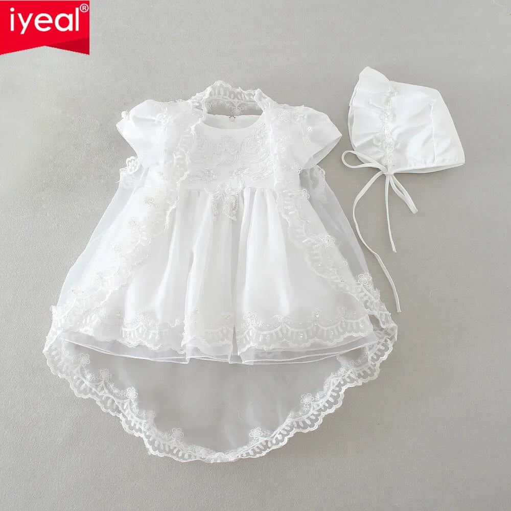 IYEAL Baby Girls Christening Gown Dresses+Hat+Shawl Vestidos Infantis Princess Wedding Party Lace Dress for Newborn Baptism 3PCS - KAISERINC