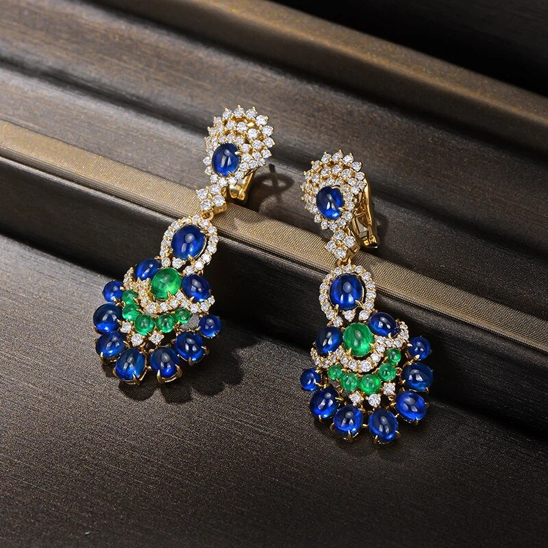 CaiMao Gorgeous Natural 14.29ctw Blue Sapphires Emeralds and Diamonds Earrings 18kt Yellow Gold Retro English Lock For Women