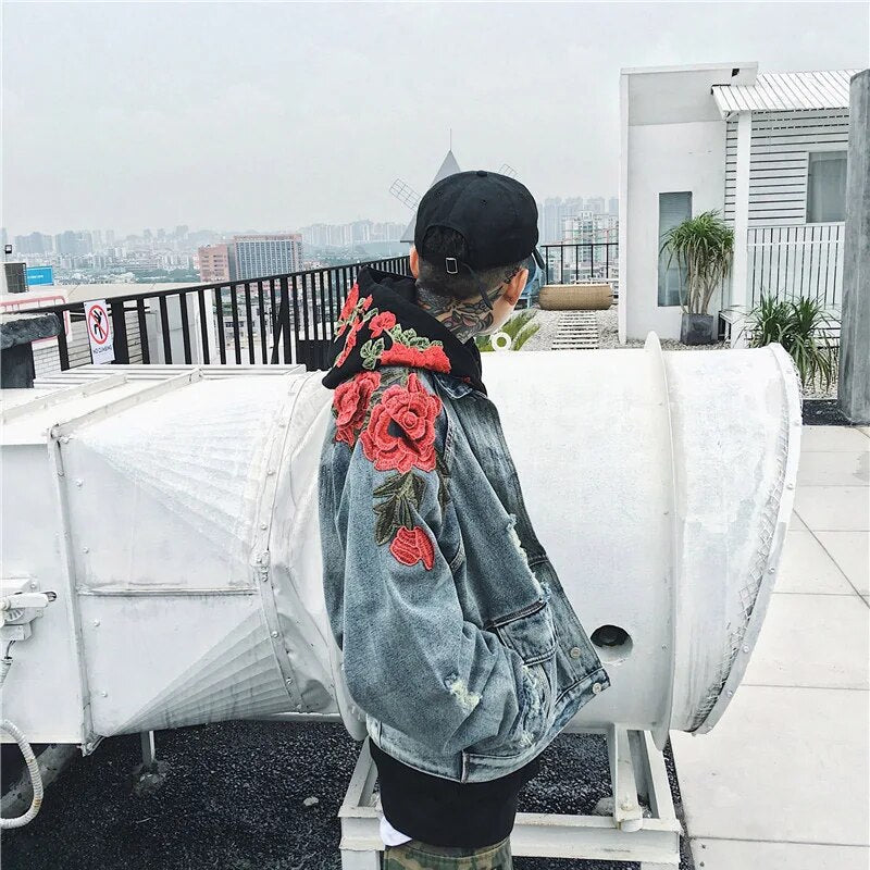 Spring New Men's Clothing Denim Jacket 3D Rose Flower Embroidery Vintage Frayed Hole Coats High Street Hip Hop Outerwear