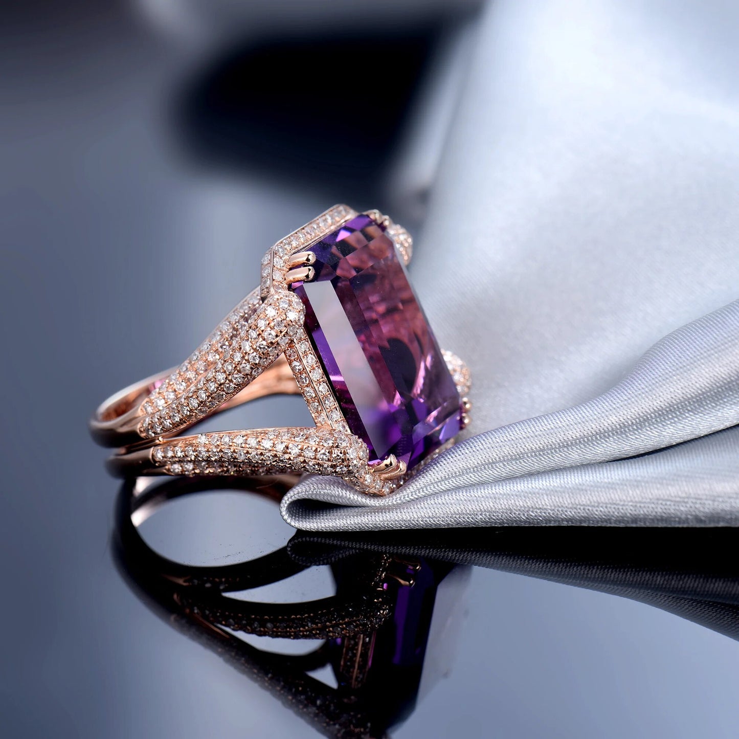 Natural Amethyst Rings For Women Elegant Ladies Emerald Cut 15x20mm Amethyst Diamonds Engagement Party Ring Real 14Kt Rose Gold