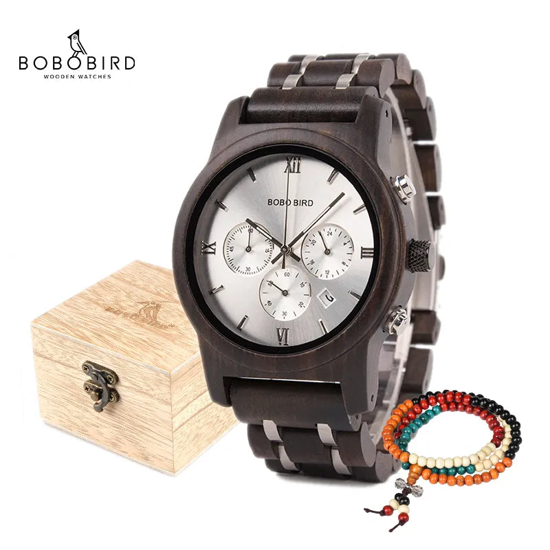 BOBO BIRD Wooden Men Watch Wooden Stainless Steel Date Quartz Chronograph Watches Luxury Men's Gift Timepieces relogio masculino