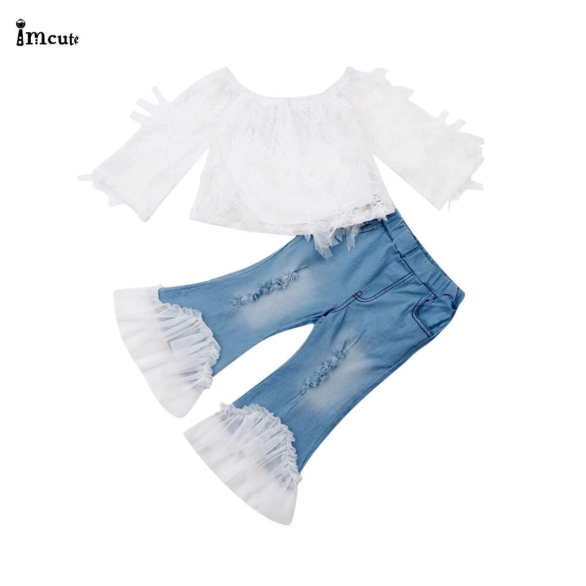 Kid Baby Girl Clothes 2019 New in Fashion Summer White Off-shoulder Lace T Shirt Tops Destroyed Jeans Pants