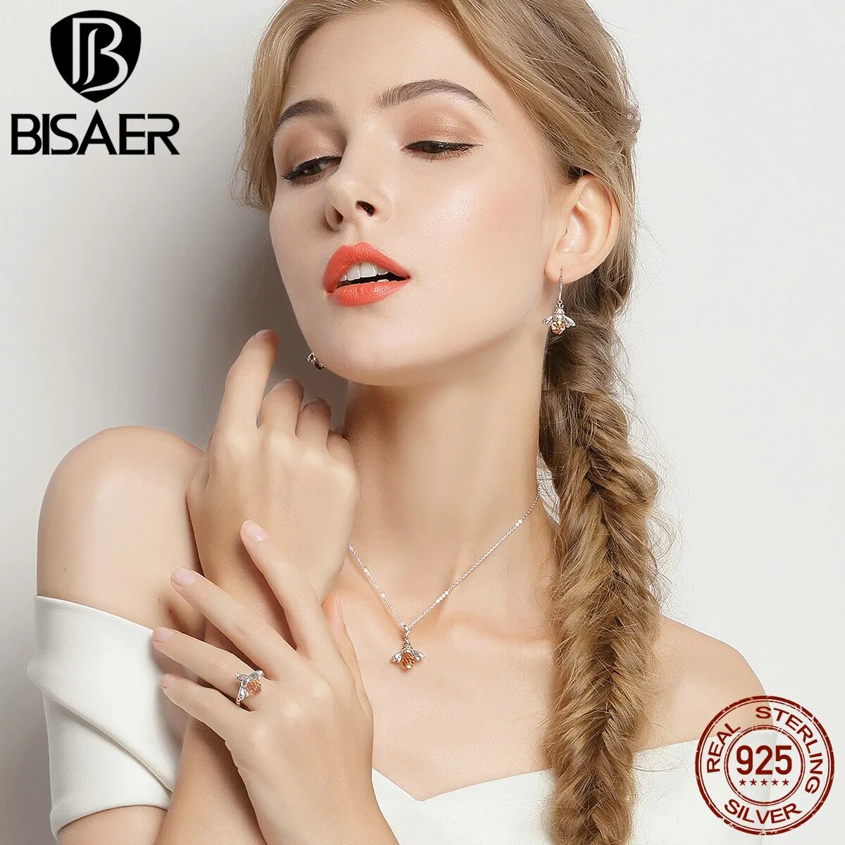 BISAER 925 Sterling Silver Cute Orange Zircon Bee Jewelry Set Pendant Necklace & Stud Earrings & Ring For Elegant Women's Party