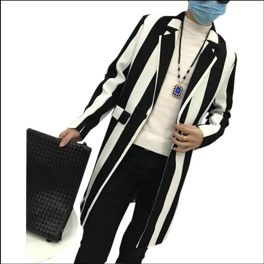 Striped Jacket Men Long Section Windbreaker Trench Coat Male Slim Fashion Casual Wild Handsome Hair Stylist Men's Clothing S-3XL