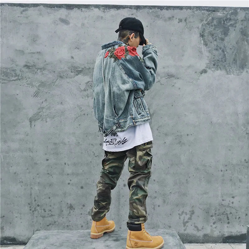 Spring New Men's Clothing Denim Jacket 3D Rose Flower Embroidery Vintage Frayed Hole Coats High Street Hip Hop Outerwear