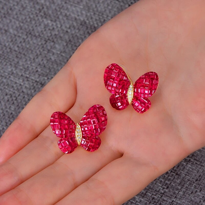 CAIMAO Fine Jewelry Invisible Setting 12.38ct Natural Ruby Diamond 18kt Au750 Yellow Gold Earrings English Lock