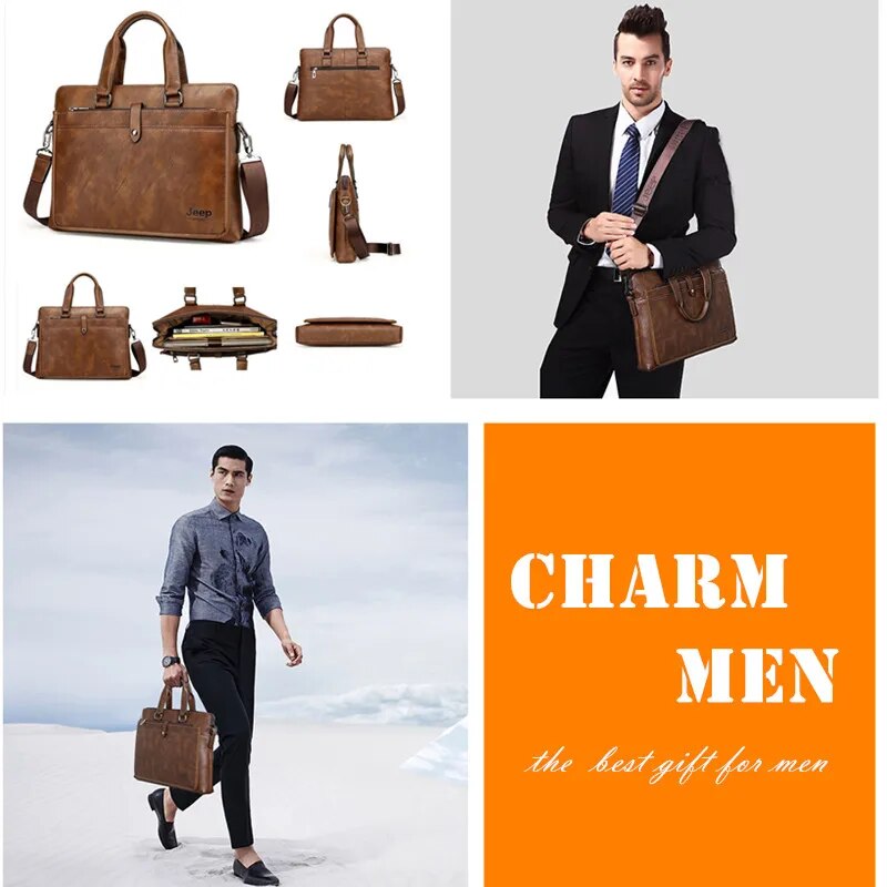 JEEP BULUO Business Men Briefcase Bag Luxury Leather 13.3 inches Laptop Bag Man Shoulder Bag bolsa maleta Handbag Casual 9616