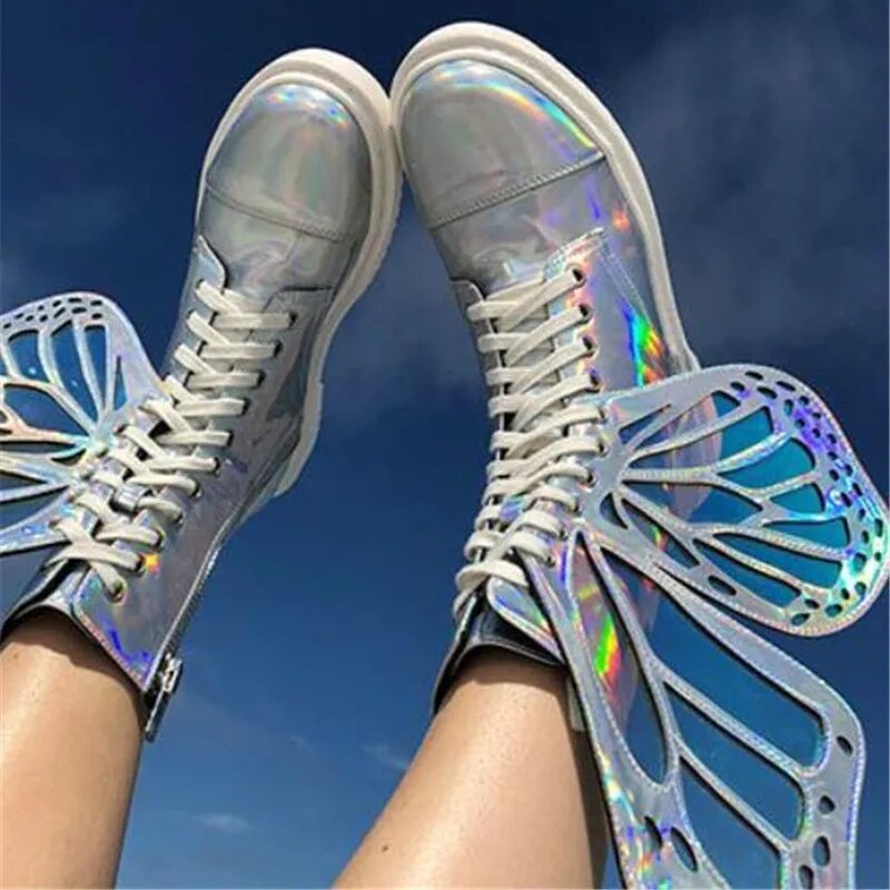 Butterfly Wings Women Shoes Shine Silver Leather Flat Sneakers Lace Up Women's ankle boots high-top Leisure Platform Shoes 2023