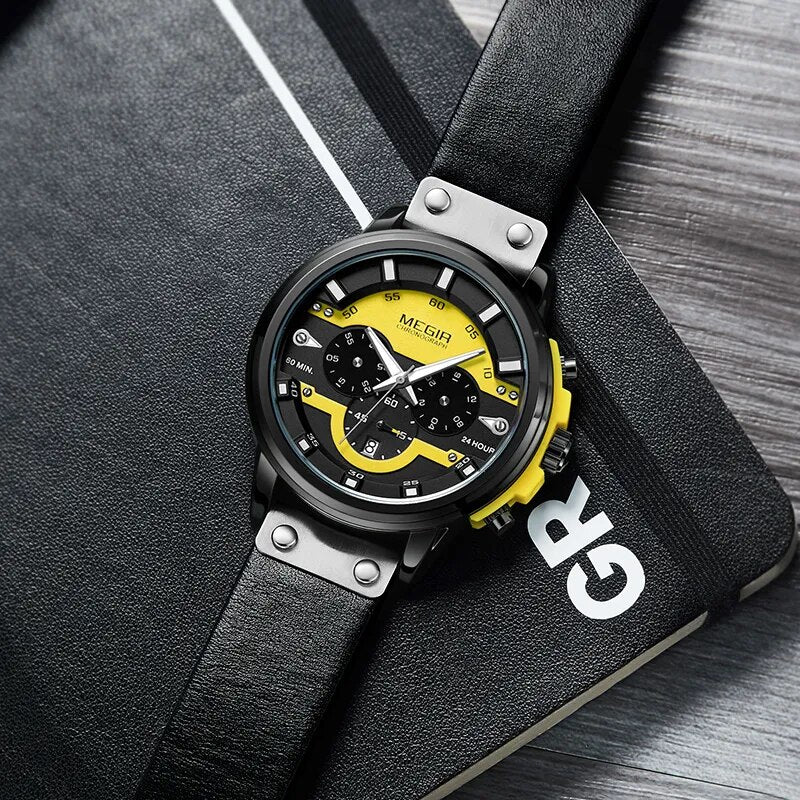 MEGIR New Men's Watches Luxury Top Brand Chronograph Sports Watch Waterproof Leather Quartz Wrist Watch Relogio Masculino 2020