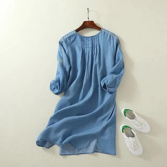 Ethnic Embroidery Denim Dresses Women Wrist Sleeve O-Neck Casual Shirt Dress Spring 2021 Vestido Jeans Feminino