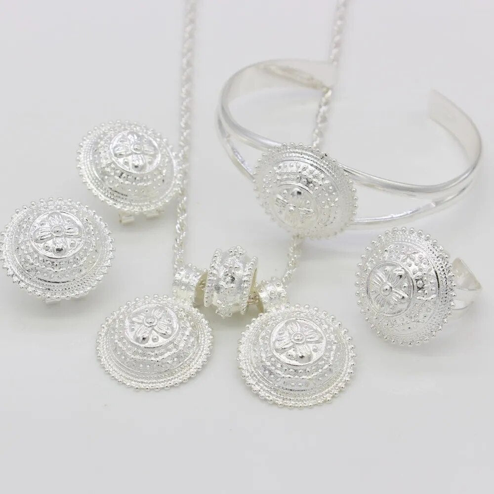 Adixyn Ethiopian Jewelry set For Women Silver Plated Necklace/Pendant/Earrings/Bangle/Ring African Habesha Jewelry sets