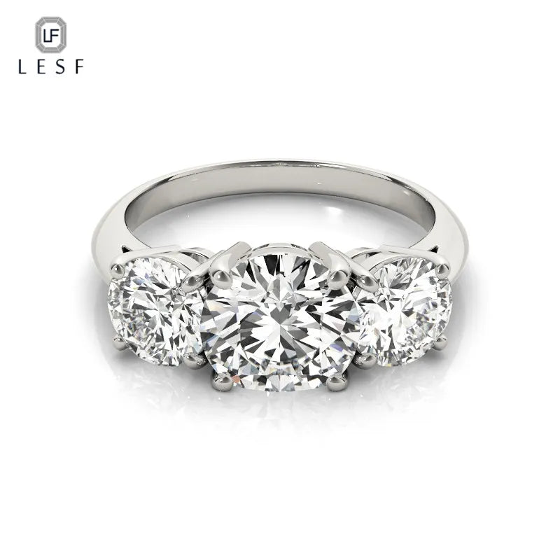 LESF 925 Sterling Silver Women's Ring 3 Stones 2 Carats Round Cut SONA Simulated Diamond Wedding Engagement Rings