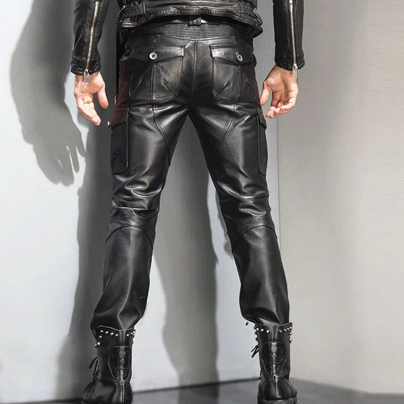 Men's Leather Pant Slim Leather Skinny Biker Pants Motorcycle Punk Rock Pants Slick Smooth Shiny Pencil Pants TJ07