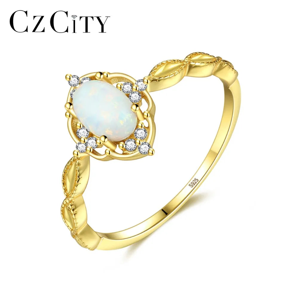 CZCITY Exquisite Vintage Design Blue/White Fire Opal Rings for Women 100% 925 Sterling Silver Bridals Engagement Rings Jewelry