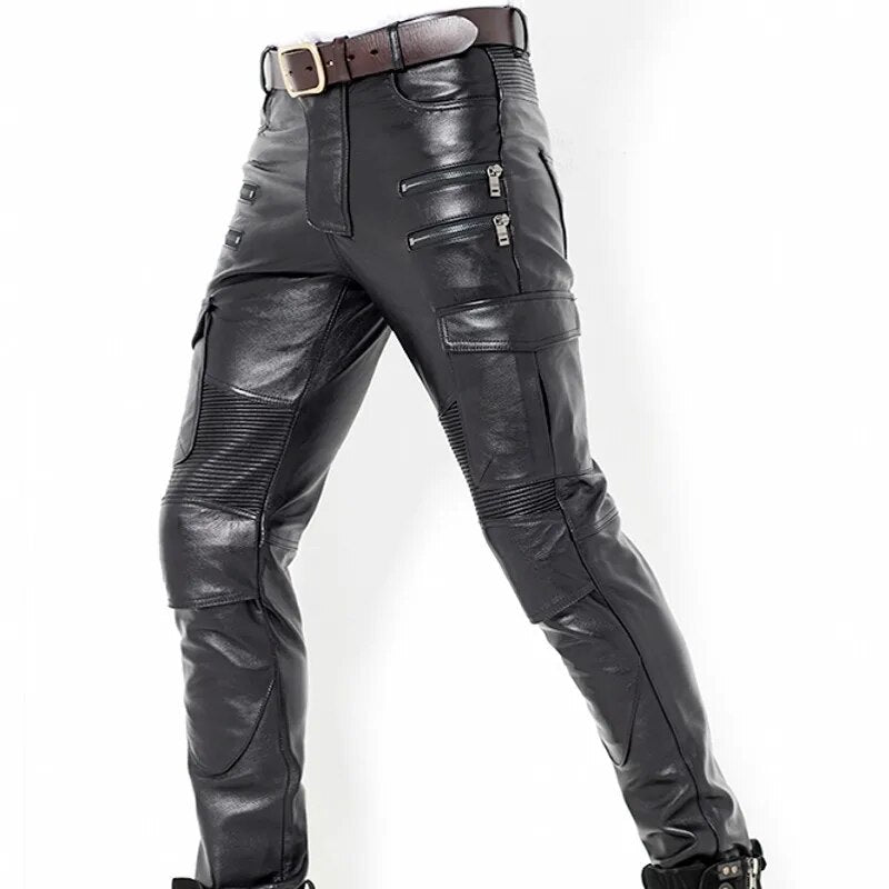Fashion Mens Leather Pants New Punk Trousers Skinny Genuine Leather Pants Joggers Pants For Men Zipper Straight Pants Plus Size